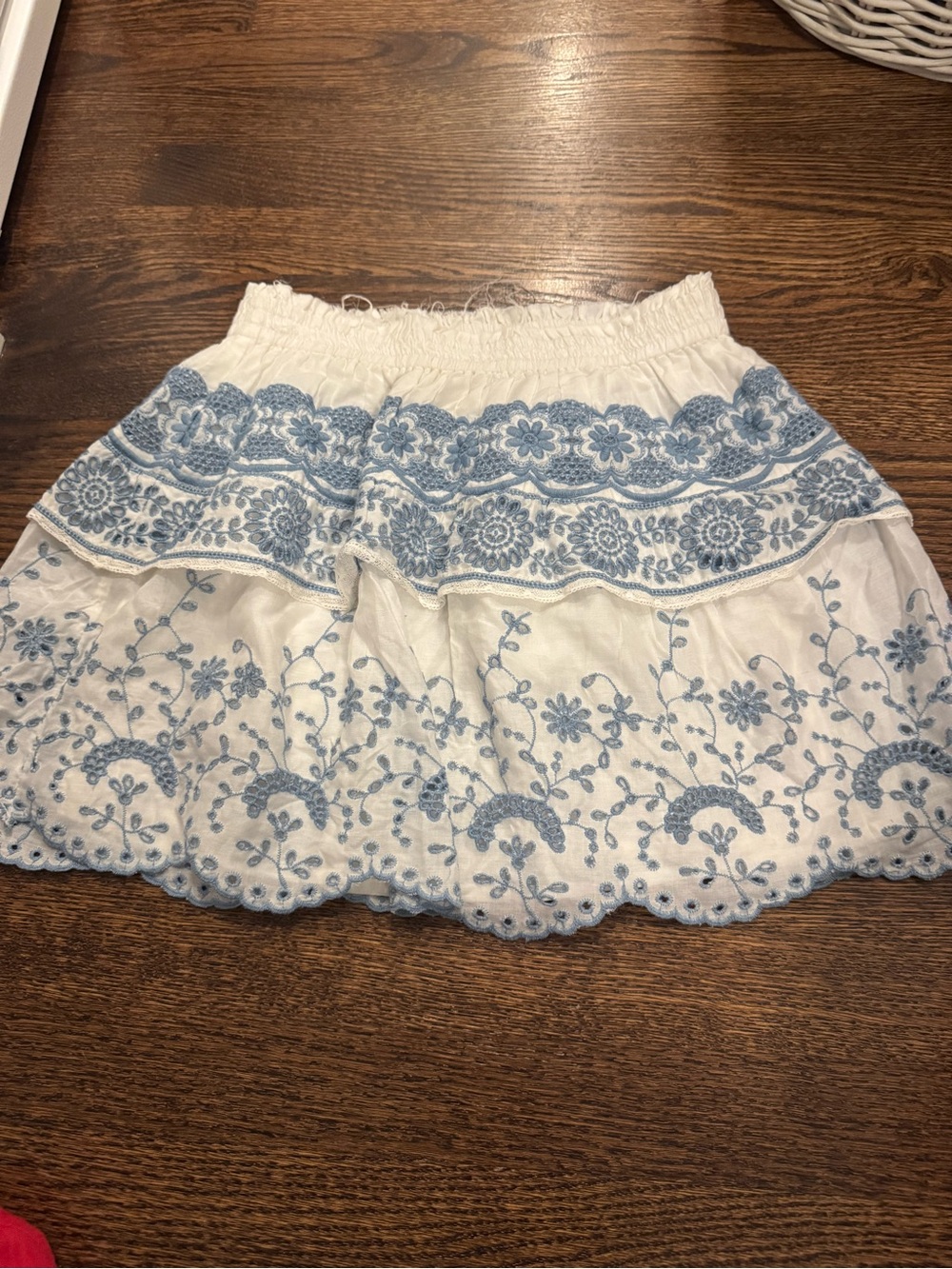 LoveShackFancy White Mini Skirt with Light Blue Embroidery